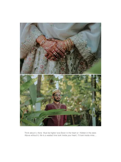 A collage that captures the details of a Nikah ceremony, from the bride's henna-adorned hands to a solo portrait of the groom.