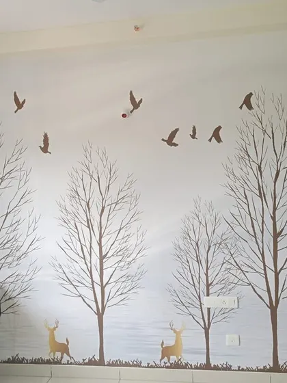 A minimalist nature scene with bare trees, birds, and deer. This simple design adds a touch of nature without being overwhelming.
