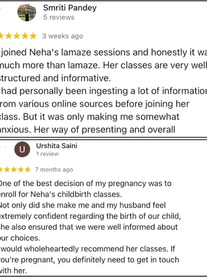 Client reviews for my Lamaze sessions, highlighting the well-structured, informative, and anxiety-reducing nature of the classes.