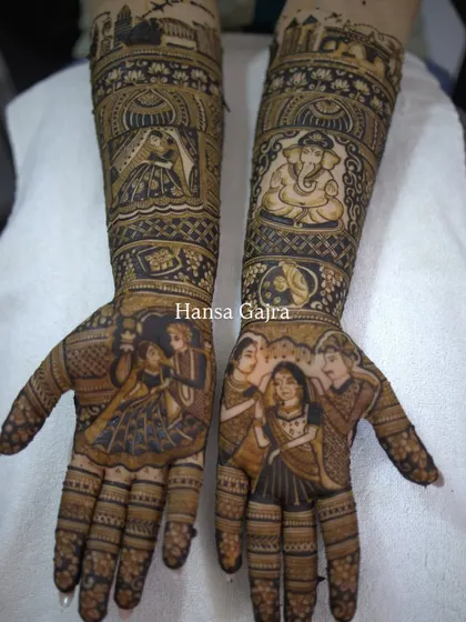 A full storytelling design featuring Ganesha for blessings, a bride in a doli (palanquin), and portraits of the bride with her family, capturing the emotional journey of a wedding.