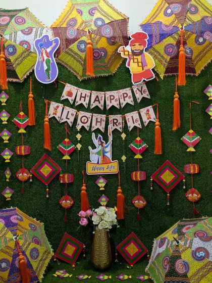 Another view of the vibrant Lohri decoration, perfect for bringing the festival's energy into your home.