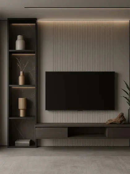 A sophisticated and moody TV unit design using dark, vertically fluted panels and a matching floating console. An asymmetrical shelving unit adds visual interest and a place for curated decorative objects.