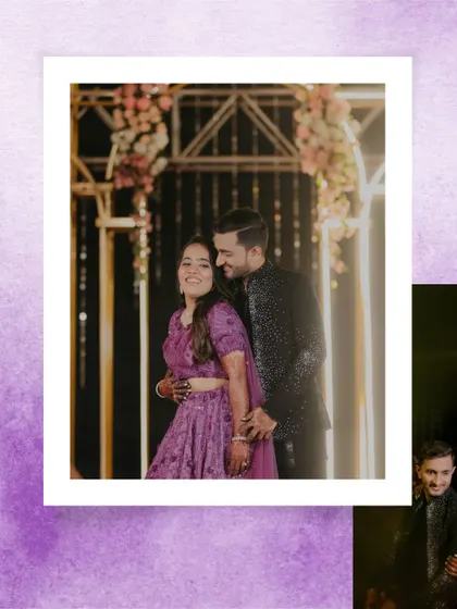 A creative collage that plays with layers and textures, featuring a joyful candid of the couple. It adds an artistic touch to the Sangeet photo collection.