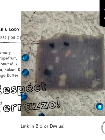 This is my 'Respect Terrazzo' soap, made with small soap scraps from other batches to reduce waste. It's a beautiful, eco-conscious bar with a refreshing Rosemary and Grapefruit scent.