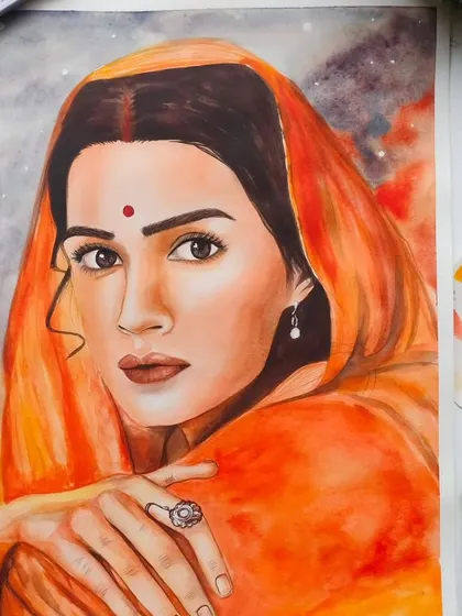 A watercolor portrait of Kriti Sanon as Sita from Adipurush, capturing a moment of grace and emotion.