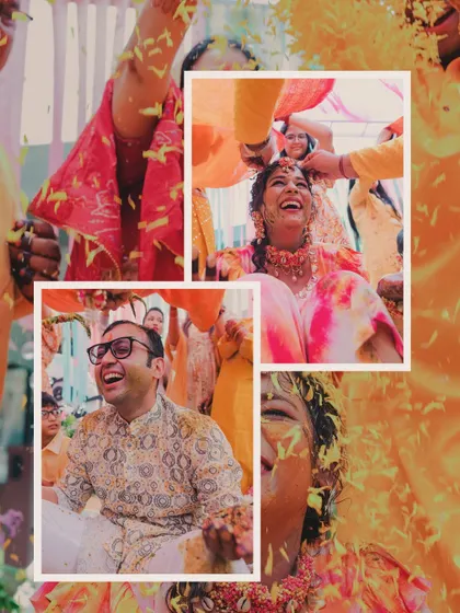 A collage of pure Haldi fun. The couple's laughing faces, covered in turmeric and flower petals, perfectly capture the joyful and messy spirit of the celebration.