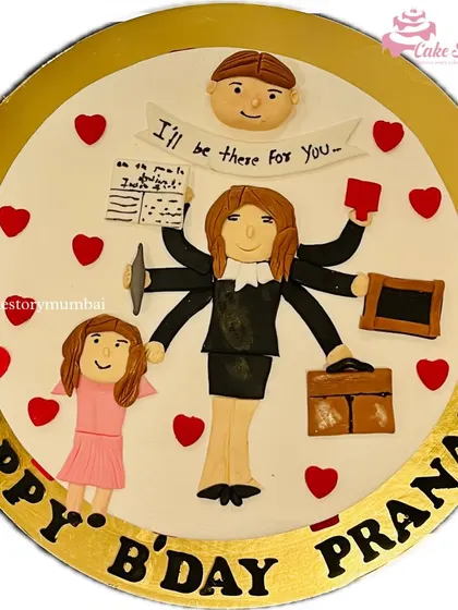 A cake celebrating a superwoman who does it all. This design shows a multitasking woman, balancing work, family, and her own life.