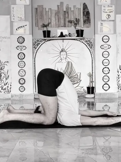 Co-founder Nishant Sir demonstrates Halasana, or Plough Pose, an advanced asana that calms the nervous system and stretches the spine and shoulders. This level of practice reflects the deep knowledge and dedication our faculty brings to every class.