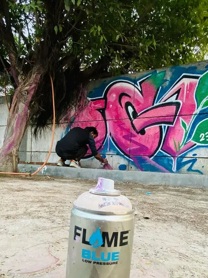 A shot from the perspective of the spray can, showing the artwork coming to life. The Flame Blue can is one of my go-to tools for its low pressure and control.
