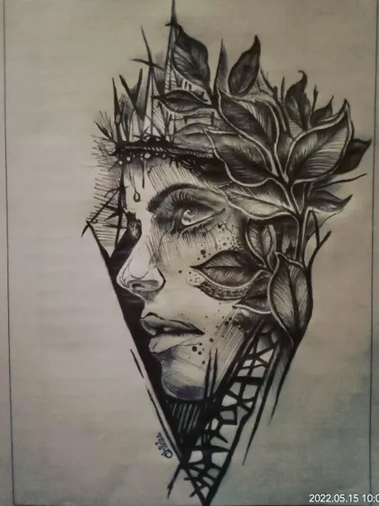 A conceptual ink drawing titled "Nature Queen". This piece combines a female portrait with natural elements like leaves and branches, creating a surreal and symbolic tattoo-style design.