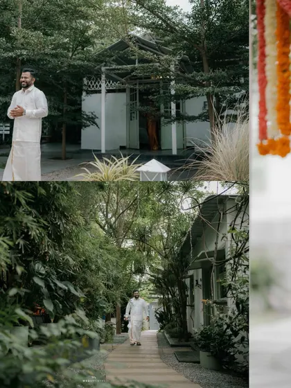 A collage showing the groom waiting and walking through the venue. The images highlight the beautiful pathways and architecture that serve as a backdrop for the wedding day story.