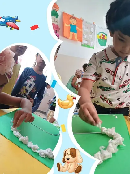 A young boy carefully places cotton along a letter outline, demonstrating the fine motor skills and concentration our phonics activities help develop.