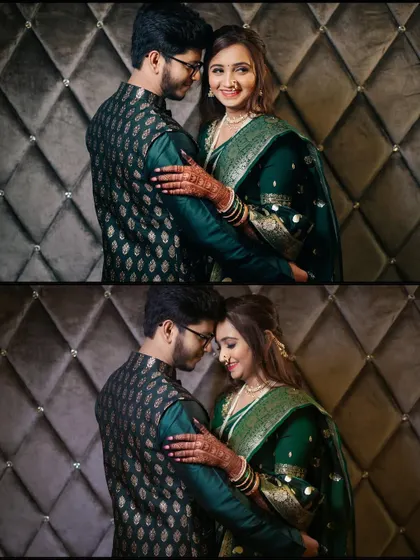 A set of two romantic portraits of the couple. The top image shows their happy connection, while the bottom one is a more intimate moment with foreheads touching.