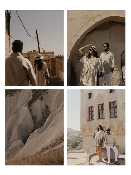 A collage of images from the Cappadocia shoot, showing the couple exploring the unique landscape together.