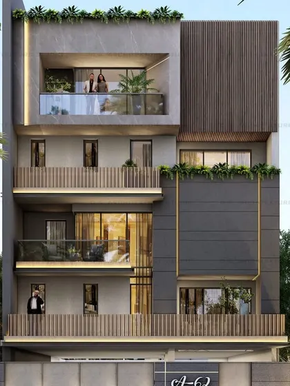 This final view of the facade shows how the design looks from a street-level perspective. The mix of textures and the strategic placement of balconies create a home that is both modern and welcoming.