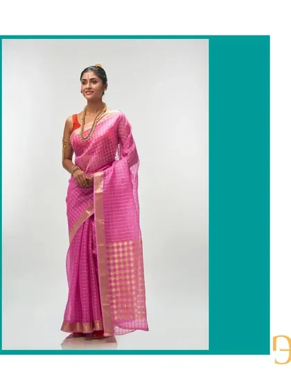 A classic pose in the mystic pink silk organza saree, featuring delicate gold zari checks. The pallu's geometric and floral motifs add a touch of modern artistry.