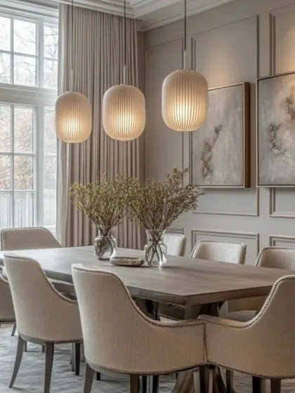 Soft, diffused light from three ribbed pendant lamps creates a serene atmosphere in this dining room. The classic wall paneling and neutral-toned furniture contribute to a timeless and calming aesthetic.