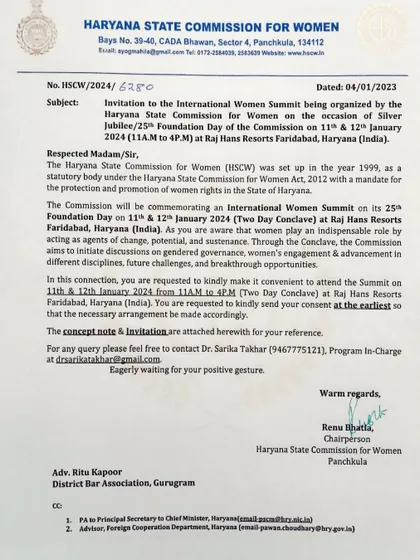 An invitation to the International Women Summit on the occasion of the Silver Jubilee of the Haryana State Commission for Women.