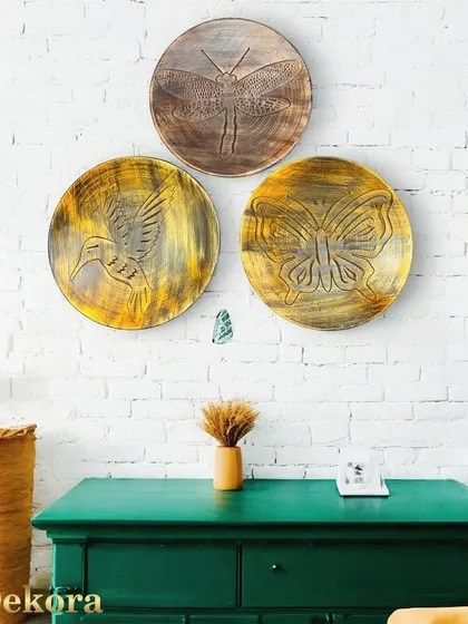 Another set of our popular decorative plates, this time featuring a hummingbird, butterfly, and dragonfly against a vibrant yellow and white background.
