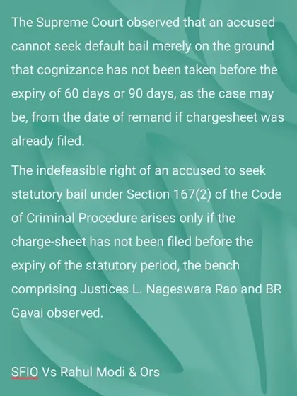 Understanding the nuances of bail law is critical. This Supreme Court observation clarifies the conditions for statutory or default bail under Section 167(2) Cr.P.C. My practice is built on such precise knowledge, ensuring that every legal remedy, including the indefeasible right to bail, is correctly and timely invoked.