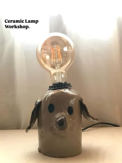 You can make this. This adorable dog-shaped lamp was created in our one-day ceramic lamp workshop. It's a perfect project for beginners to learn hand-building skills and leave with a quirky, finished piece.