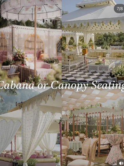"Cabana or Canopy Seating" ideas are perfect for a day wedding or Mehndi, providing shade and creating cozy, private nooks for guests.