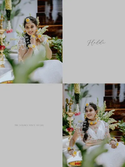 A four-panel album layout of the bride in her white and yellow floral jewelry for the Haldi, looking serene and beautiful.