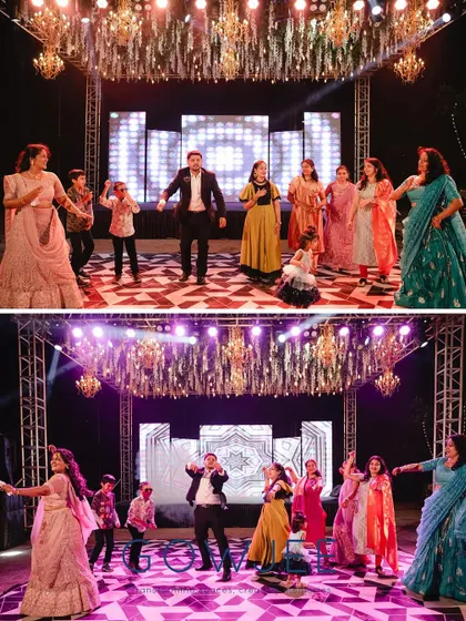 Another view of the fun family performance on the Sangeet stage.