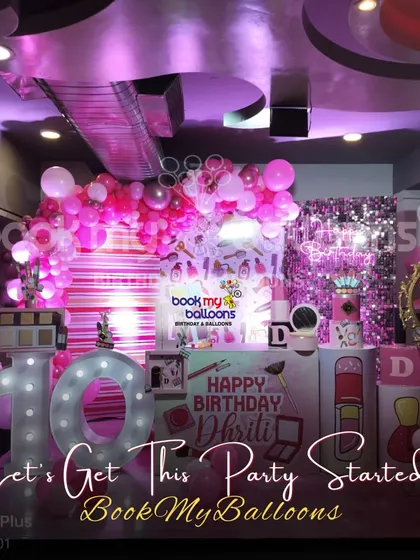 This makeup and glam theme for Dhrithi's 10th birthday was all about sparkle. The pink and white decor with lipstick and eyeshadow props shows how we can get a party started in style.