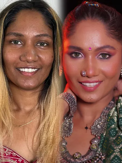 A stunning before-and-after of a Navratri look on a beautiful dusky model. The vibrant pink eyeshadow and glowing skin create a festive and joyful look.