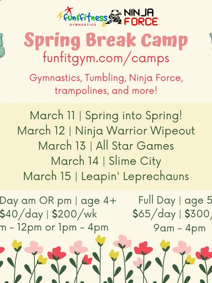 Don't miss out on Spring Break Camp! We pack each day with gymnastics, tumbling, and Ninja Force fun. It's a fantastic opportunity for kids to try new things and make new friends in a high energy environment.