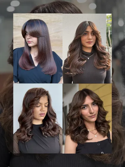 A collage showcasing four different ways to wear brown. From sleek and straight with bangs to long and wavy, this shows the versatility of our brunette color services.
