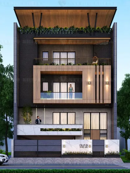 A modern facade for a 315 sq. yard plot in DLF, Gurgaon. The design combines wood, marble, and dark panels, with a focus on creating inviting balcony spaces.
