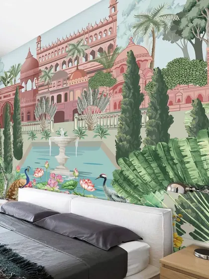 This bedroom is transformed into a palatial retreat with our Vintage Mughal Garden wallpaper. The intricate design and soft color palette create a sense of luxury and tranquility.
