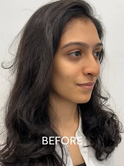The "before" shot for our Honey Beige Blonde transformation. Starting with dark, virgin hair.