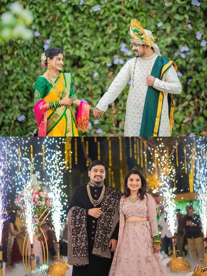 A split image showing the couple in their traditional wedding attire and their glamorous reception outfits, highlighting the transformation.