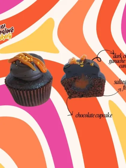 For the ultimate chocolate lover, this is my Dark Chocolate Caramel mini. It features a moist chocolate cupcake, a salted caramel filling, and a rich dark chocolate ganache on top.