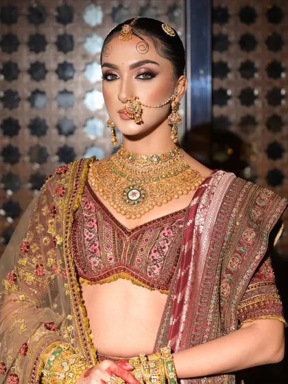 A final portrait of this royal look. The strong, confident pose is complemented by the powerful eye makeup and the intricate details of her attire.