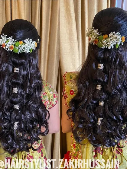 A collage showing the bohemian Mehendi hairstyle with hair rings and fresh flowers from different angles.