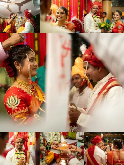 A collage showcasing various rituals from a Maharashtrian wedding, from the tying of the mangalsutra to the exchange of glances during the ceremony.