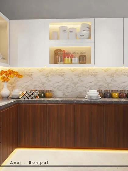 A closer look at the wood and white kitchen concept, highlighting the display niches with internal lighting and the seamless integration of the chimney hood.