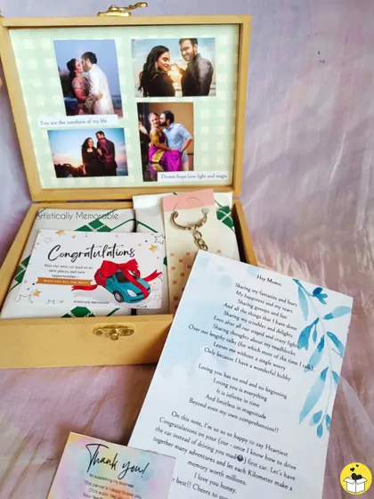 A closer look at the heartfelt letter included in the "New Car" congratulations hamper. These personal notes are what make a gift truly memorable.
