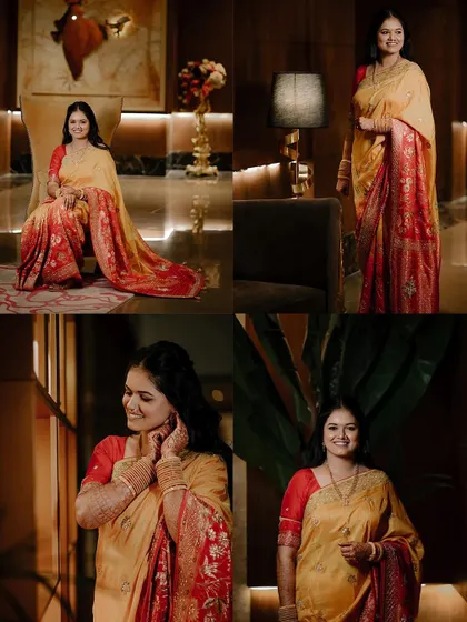 A collage of bridal portraits from Niharika's engagement day.