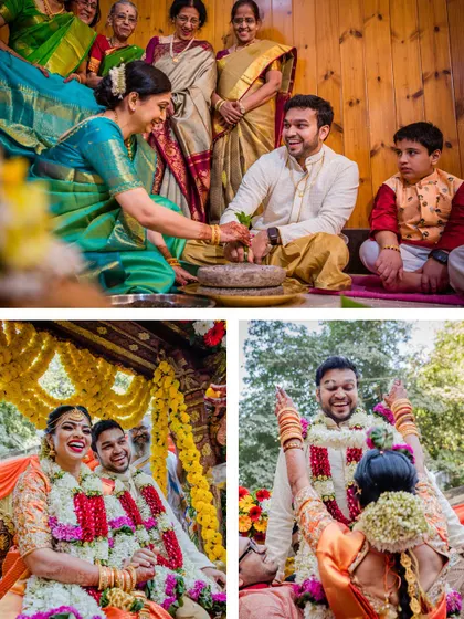 A collage of South Indian wedding rituals, showing the couple's participation in various traditions, surrounded by family.
