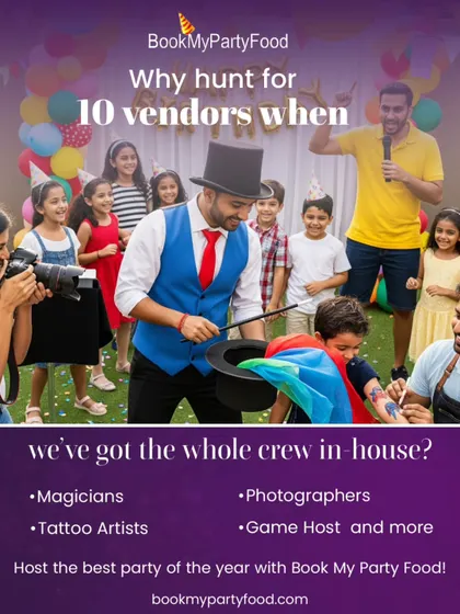 Why juggle multiple vendors? This graphic highlights my all-in-one service, showing that I can provide magicians, tattoo artists, photographers, game hosts, and more to create the best party of the year.