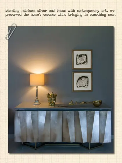 For the Bhasker Residence, we blended heirloom silver and brass with contemporary art. This custom silver-leafed console preserves the home's essence while bringing in a fresh, modern sensibility.