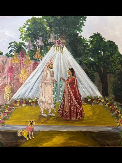Yes, I can absolutely include your fur babies in the painting! For this wedding, the groom's sister asked if I could add their dog, Dodo, and of course, I did. Your pets are part of your family, and they deserve a spot in your wedding masterpiece.