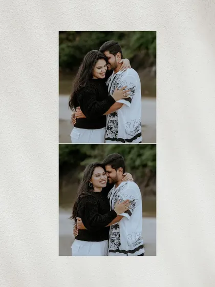 A vertical two-panel image showing the couple in a close embrace, capturing both a smile and a quiet, tender moment.
