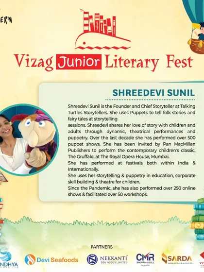 A more detailed profile for the Vizag Junior Literary Fest, outlining my experience with over 500 puppet shows and my work in education and corporate skill building.
