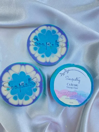 A trio of "Celeste" soap bars, showing the lovely design and packaging.